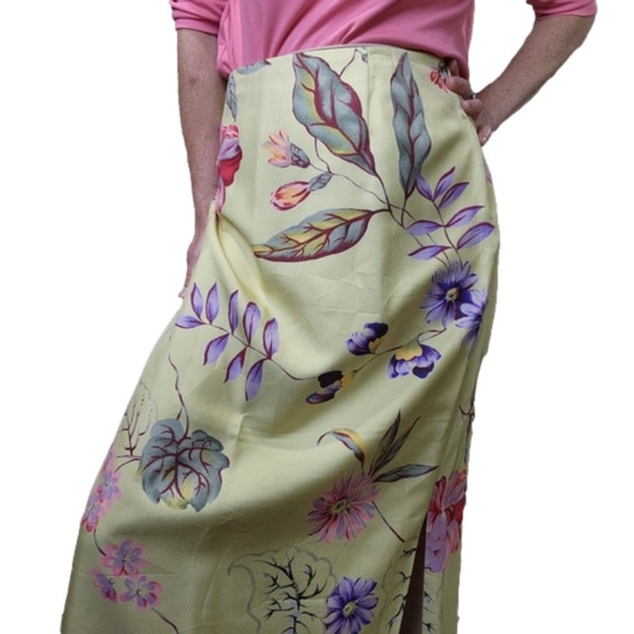 Maxi skirt 100% Silk floral print Yellow & Pink colors DONNA MORGAN - Picture 5 of 13